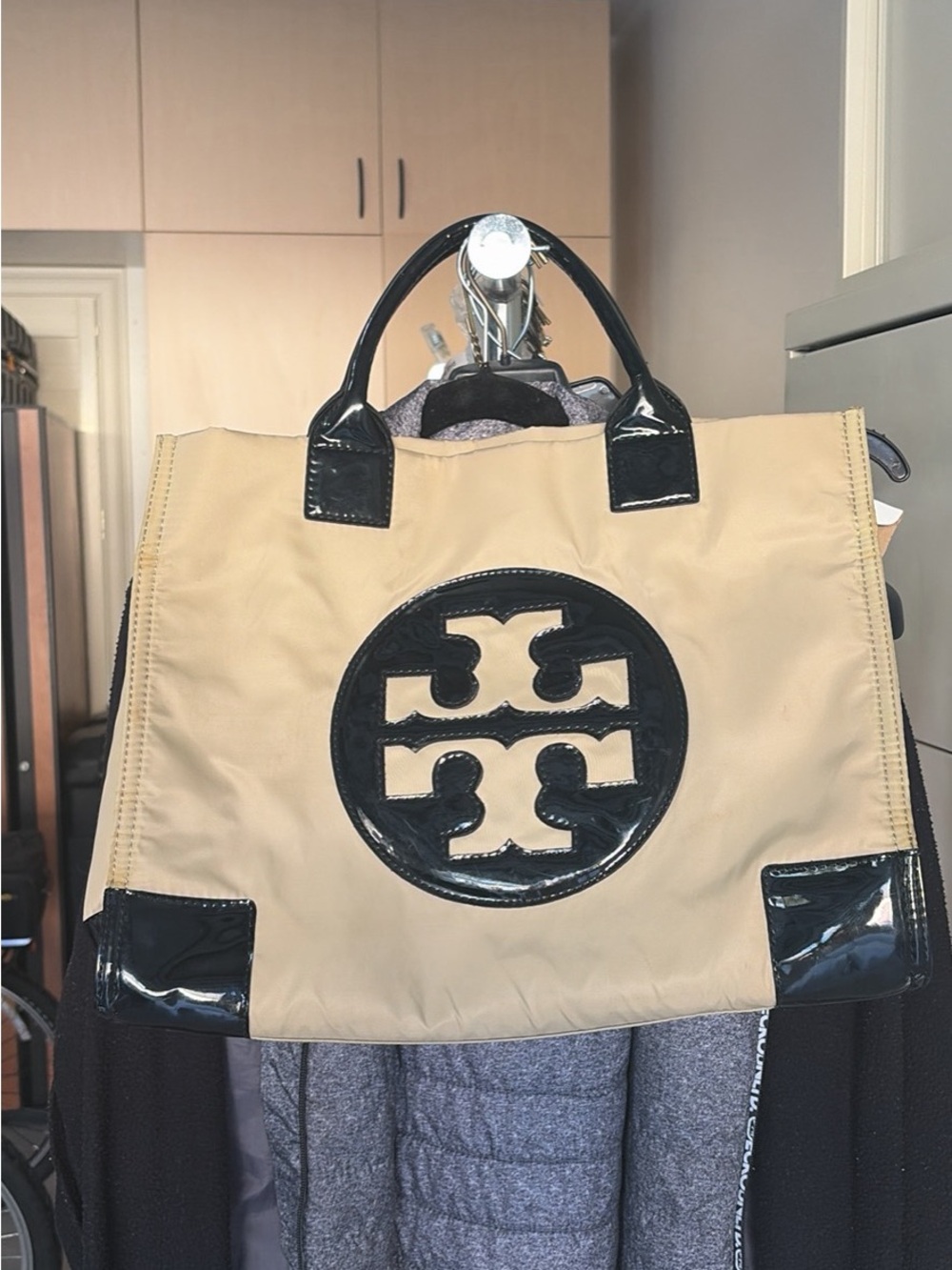 Tory Burch Beige Tote with Black Patent Logo and Trim